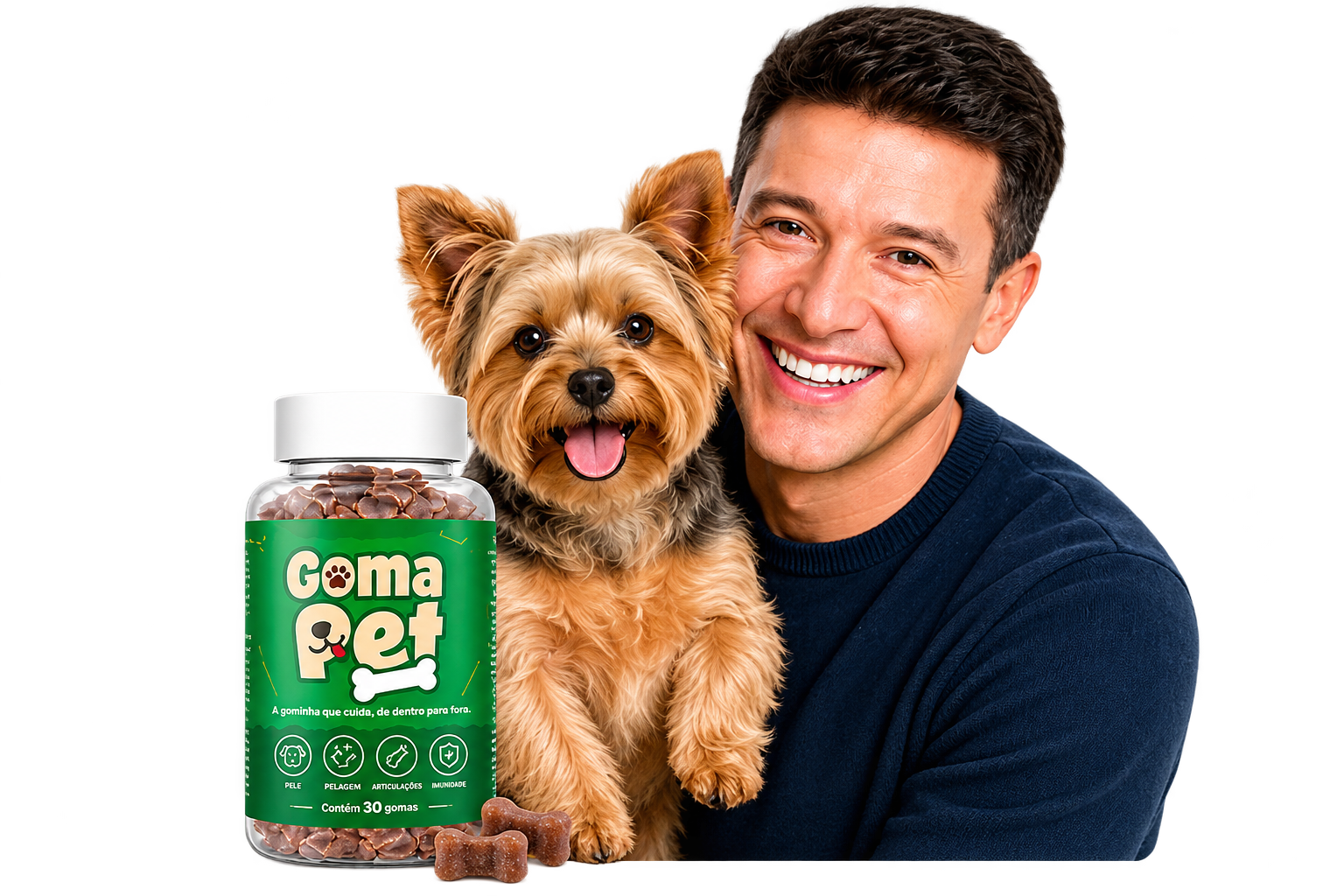 Garoto-propaganda GomaPet sorrindo ao lado do cão e do pote de GomaPet